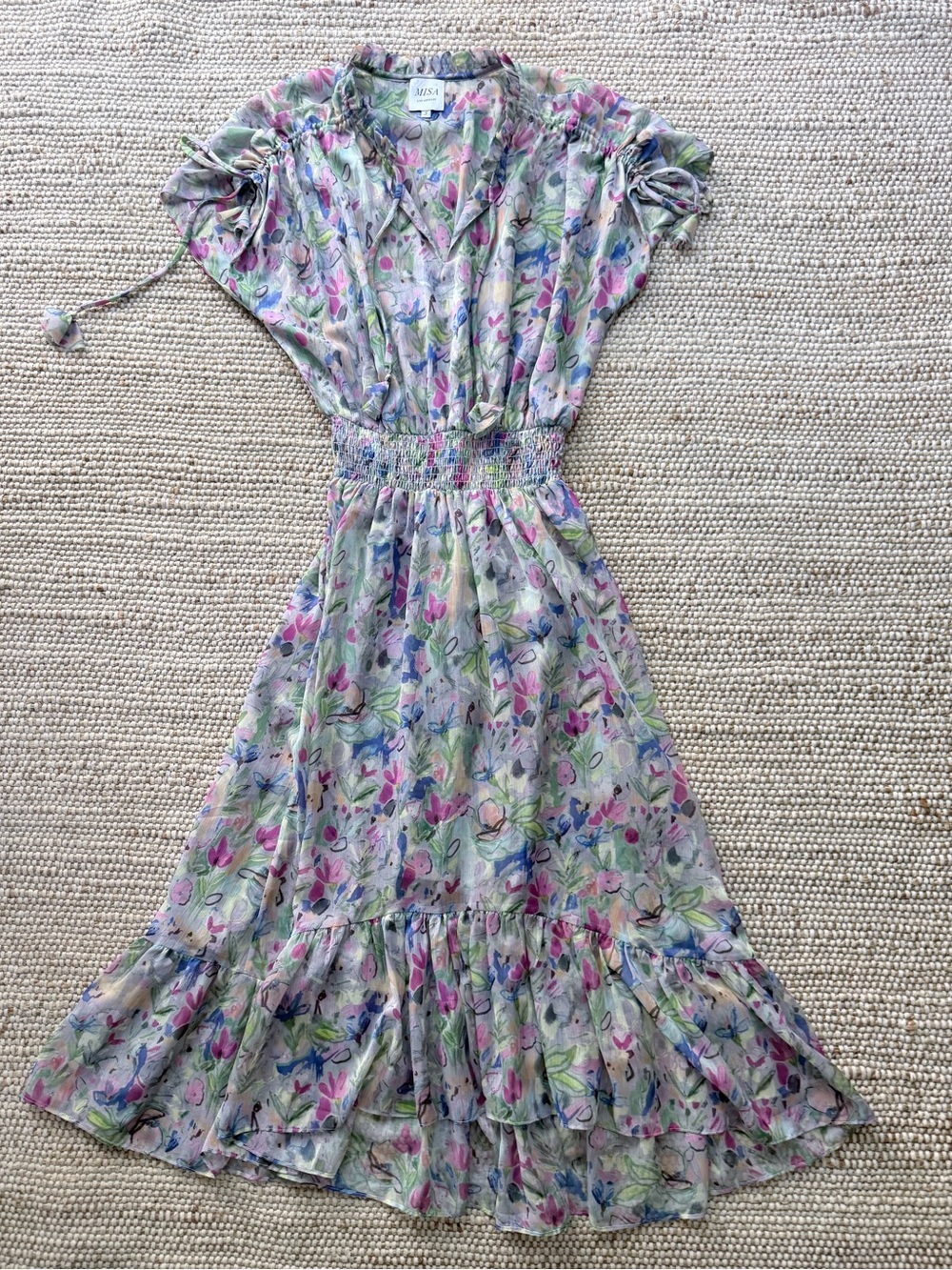 MISA Los Angeles Watercolor Floral Smocked Midi Dress Small